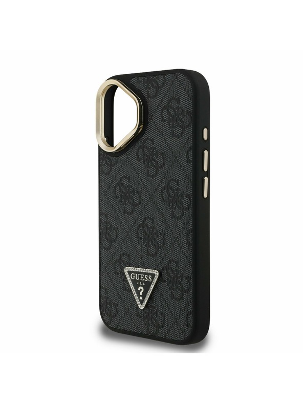 Guess Guess PU 4G Strass Triangle Logo Stand Camera Frame MagSafe Stražnji Poklopac za iPhone 16 Black