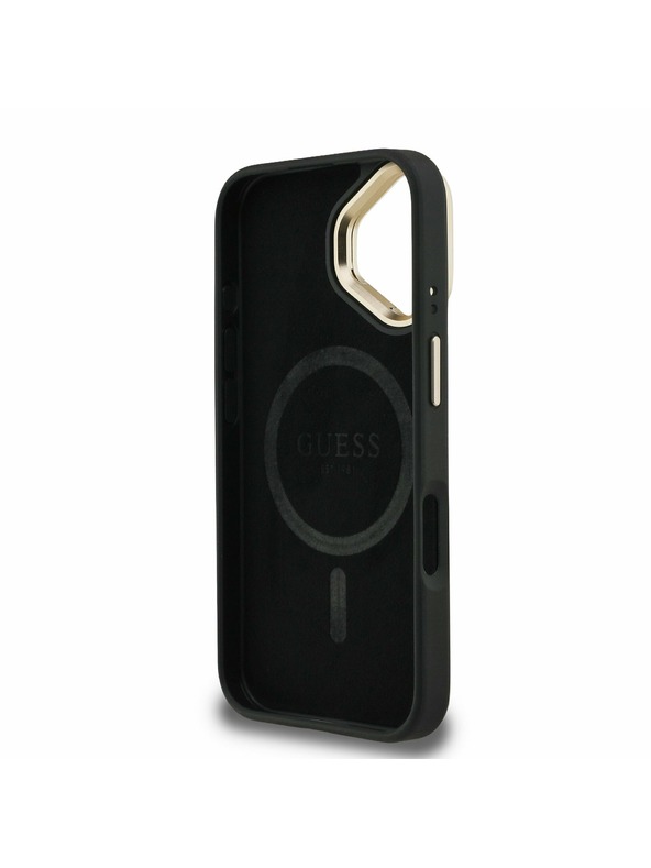 Guess Guess PU 4G Strass Triangle Logo Stand Camera Frame MagSafe Stražnji Poklopac za iPhone 16 Black