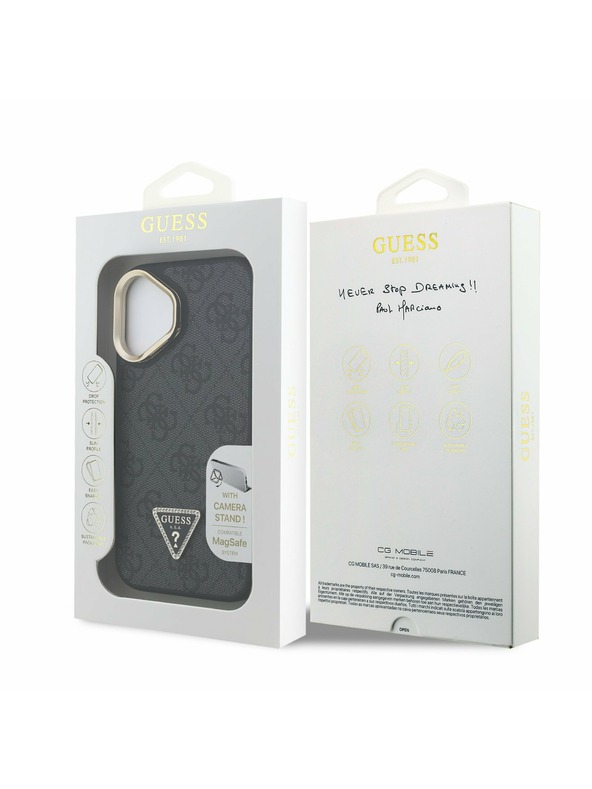 Guess Guess PU 4G Strass Triangle Logo Stand Camera Frame MagSafe Stražnji Poklopac za iPhone 16 Black