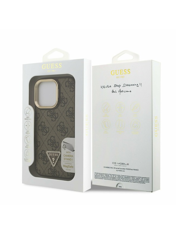 Guess Guess PU 4G Strass Triangle Logo Stand Ovitak za kameru s magnetskim poklopcem za iPhone 15 Pro Max Smeđi