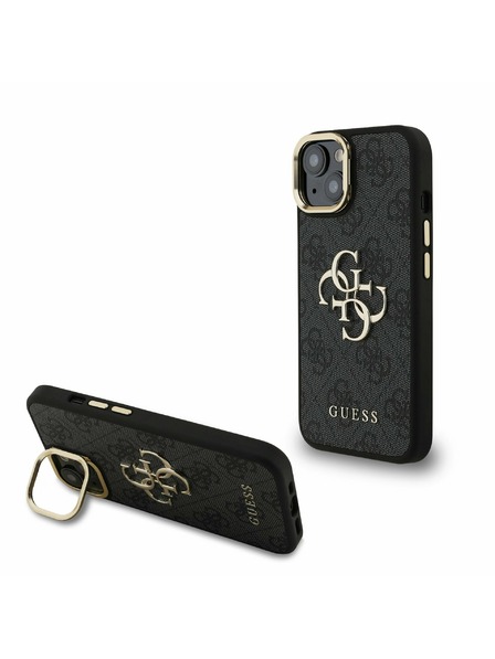 Guess Guess PU 4G Metalni Logo Stand Ovitak za kameru Stražnji poklopac za iPhone 15 Crni