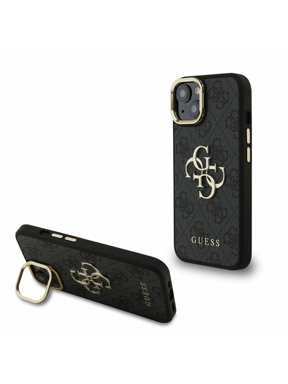 Guess Guess PU 4G Metalni Logo Stand Ovitak za kameru Stražnji poklopac za iPhone 15 Crni