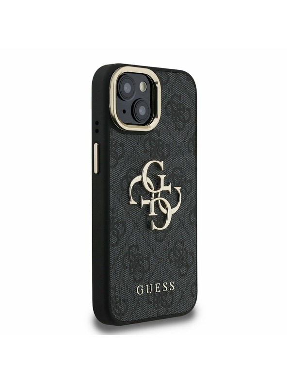 Guess Guess PU 4G Metalni Logo Stand Ovitak za kameru Stražnji poklopac za iPhone 15 Crni