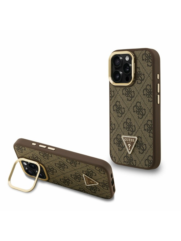 Guess Guess PU 4G Strass Triangle Logo Stand Ovitak za kameru s magnetskim poklopcem za iPhone 16 Pro Smeđi