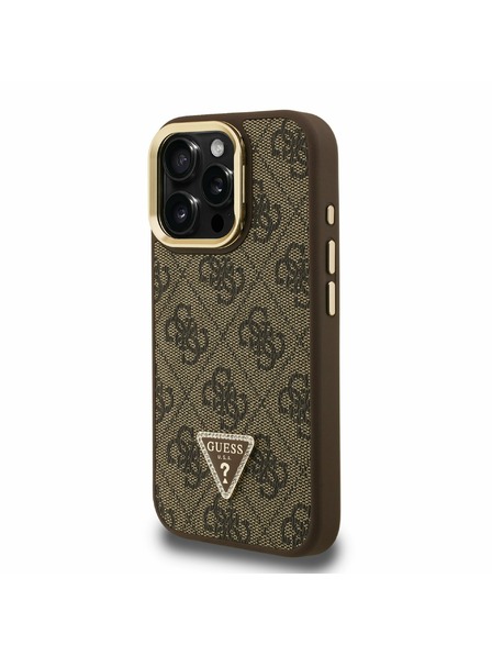 Guess Guess PU 4G Strass Triangle Logo Stand Ovitak za kameru s magnetskim poklopcem za iPhone 16 Pro Smeđi