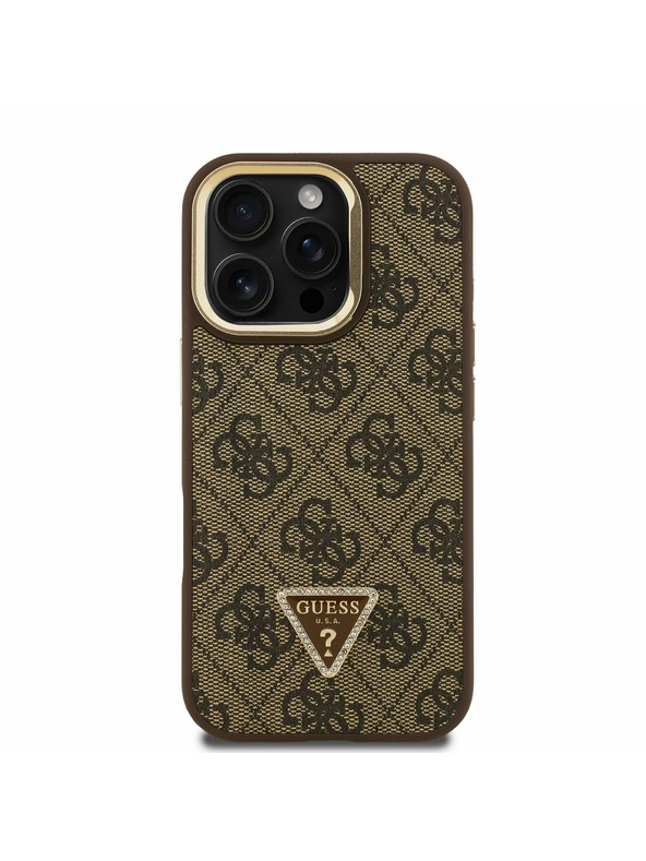 Guess Guess PU 4G Strass Triangle Logo Stand Ovitak za kameru s magnetskim poklopcem za iPhone 16 Pro Smeđi