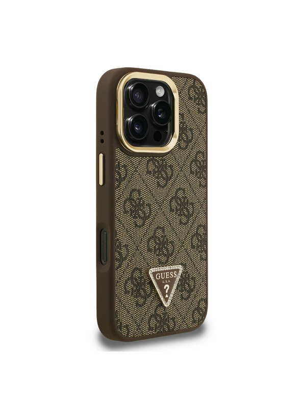 Guess Guess PU 4G Strass Triangle Logo Stand Ovitak za kameru s magnetskim poklopcem za iPhone 16 Pro Smeđi