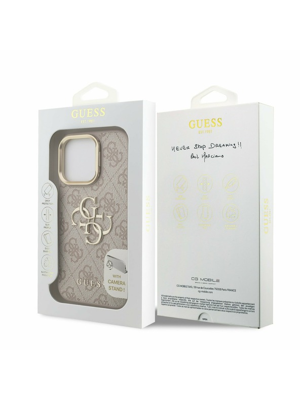 Guess Guess PU 4G Metalni Logo Stand Ovitak za kameru Stražnji poklopac za iPhone 16 Pro Max Rozi