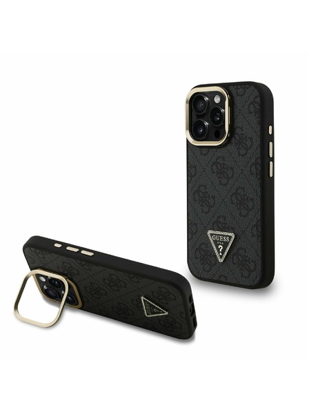 Guess Guess PU 4G Strass Triangle Logo Stand Ovitak za kameru s magnetskim poklopcem za iPhone 15 Pro Crni