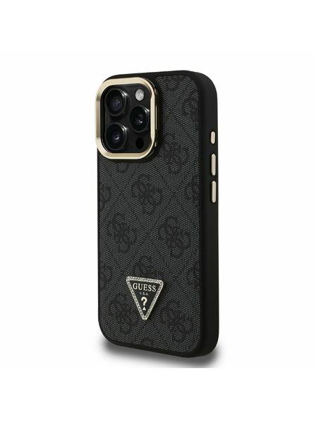 Guess Guess PU 4G Strass Triangle Logo Stand Ovitak za kameru s magnetskim poklopcem za iPhone 15 Pro Crni
