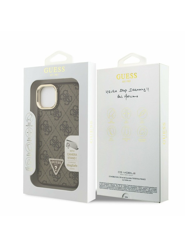 Guess Guess PU 4G Strass trokutasti Logo stajativ za kameru MagSafe stražnji poklopac za iPhone 14 Brown