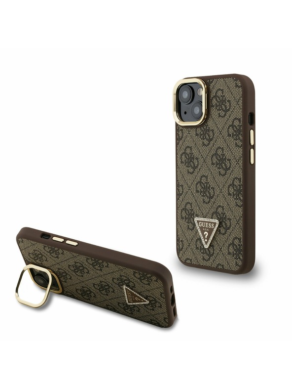 Guess Guess PU 4G Strass trokutasti Logo stajativ za kameru MagSafe stražnji poklopac za iPhone 15 Brown