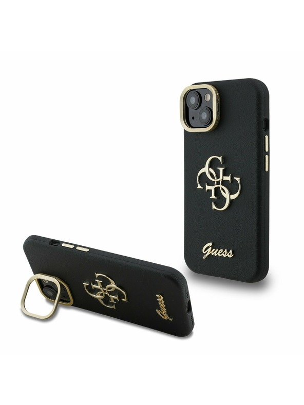 Guess Guess PU Zrnasti 4G Logo Stalak Okvir Kamere Stražnji Poklopac za iPhone 15 Black