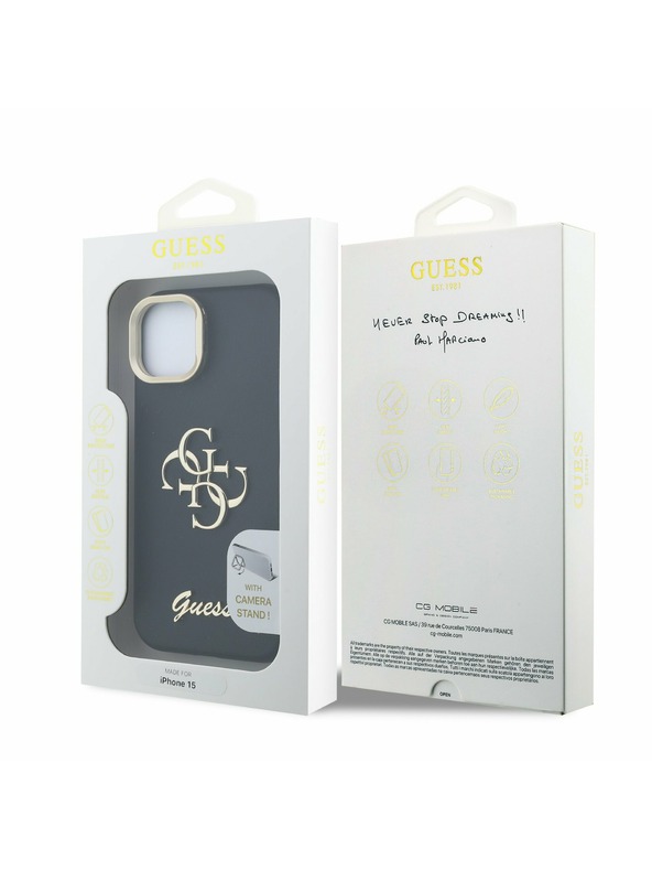 Guess Guess PU Zrnasti 4G Logo Stalak Okvir Kamere Stražnji Poklopac za iPhone 15 Black