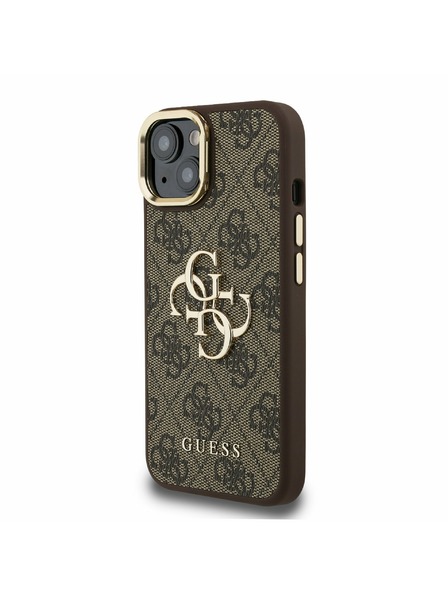 Guess Guess PU 4G Metal Logo Stalak Okvir Kamere Stražnji Poklopac za iPhone 15 Brown