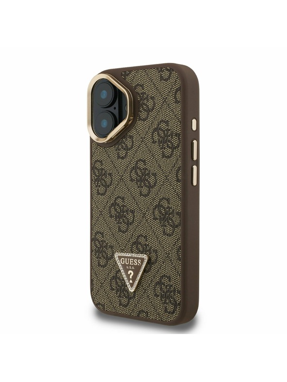 Guess Guess PU 4G Strass Trokutasti Logo Stalak Okvir Kamere MagSafe Stražnji Poklopac za iPhone 16 Brown