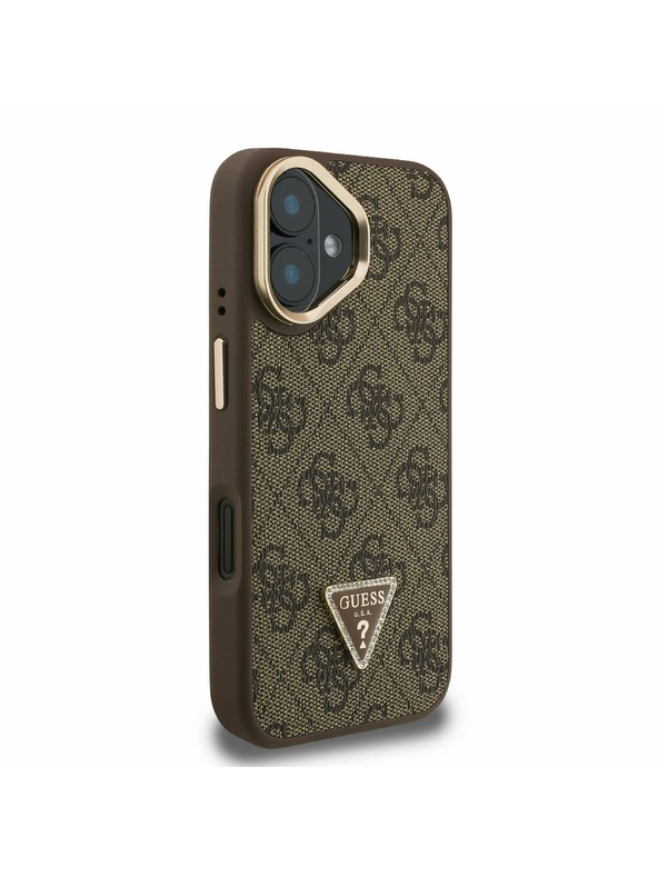 Guess Guess PU 4G Strass Trokutasti Logo Stalak Okvir Kamere MagSafe Stražnji Poklopac za iPhone 16 Brown