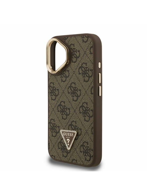Guess Guess PU 4G Strass Trokutasti Logo Stalak Okvir Kamere MagSafe Stražnji Poklopac za iPhone 16 Brown