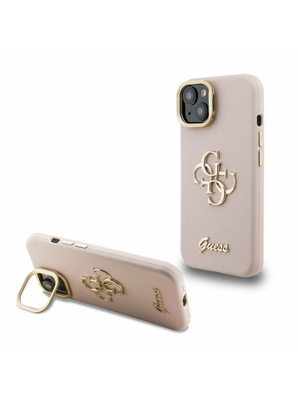 Guess Guess PU Zrnasti 4G Logo Stalak Okvir Kamere Stražnji Poklopac za iPhone 15 Pink