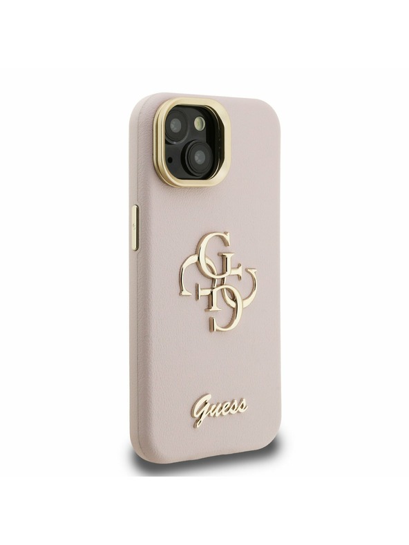 Guess Guess PU Zrnasti 4G Logo Stalak Okvir Kamere Stražnji Poklopac za iPhone 15 Pink