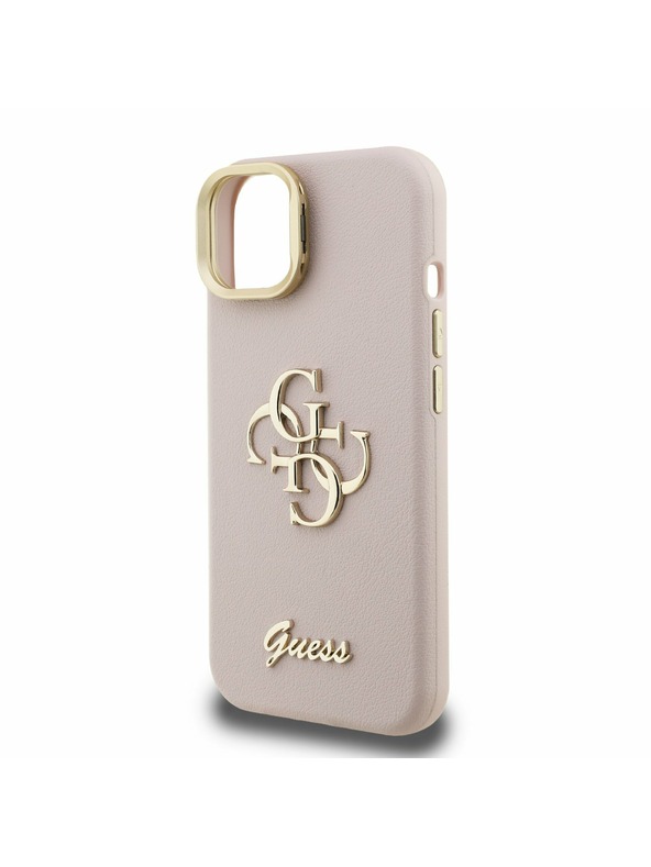 Guess Guess PU Zrnasti 4G Logo Stalak Okvir Kamere Stražnji Poklopac za iPhone 15 Pink