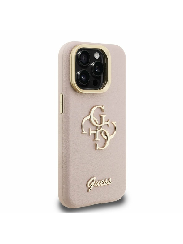 Guess Guess PU Zrnasti 4G Logo Stalak Okvir Kamere Stražnji Poklopac za iPhone 15 Pro Pink