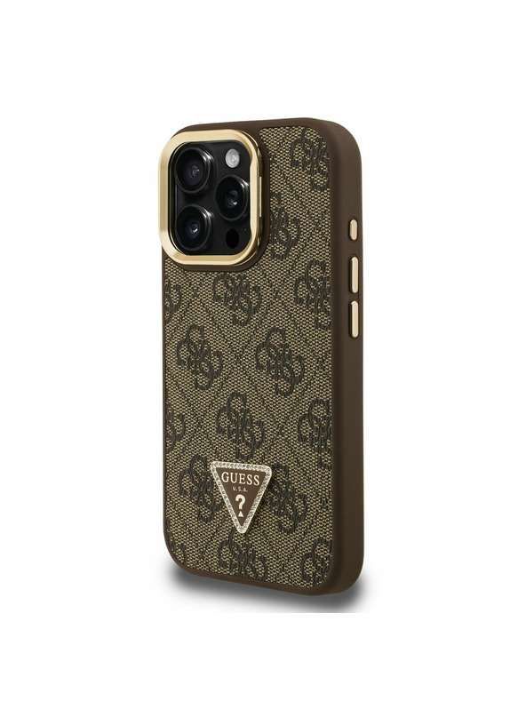 Guess Guess PU 4G Strass Trokutasti Logo Stalak Okvir Kamere MagSafe Stražnji Poklopac za iPhone 16 Pro Max Brown