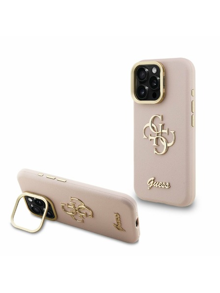 Guess Guess PU Zrnasti 4G Logo Stalak Okvir Kamere Stražnji Poklopac za iPhone 15 Pro Max Pink