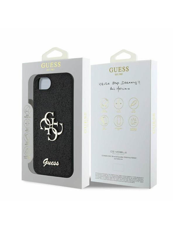 Guess Guess PU Fixed Glitter 4G Metal Logo Stražnji Poklopac za iPhone 16e Black