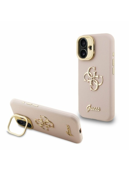Guess Guess PU Zrnasti 4G Logo Stalak Okvir Kamere Stražnji Poklopac za iPhone 16 Pink
