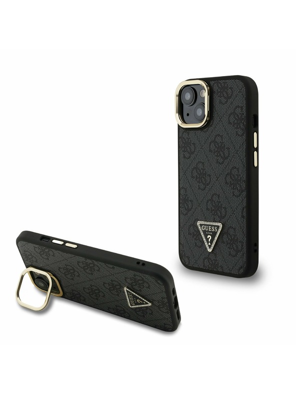 Guess Guess PU 4G Strass Trokutasti Logo Stand Stražnji Poklopac za Kameru MagSafe za iPhone 14 Crna