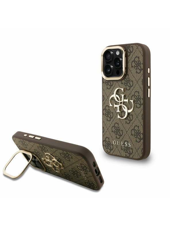 Guess Guess PU 4G Metalni Logo Stand Stražnji Poklopac za Kameru za iPhone 15 Pro Smeđa