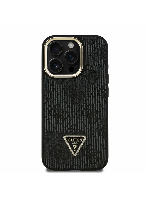 Guess Guess PU 4G Strass Trokutasti Logo Stand Stražnji Poklopac za Kameru MagSafe za iPhone 15 Pro Max Crna