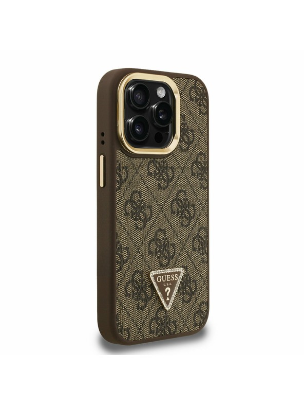 Guess Guess PU 4G Strass Trokutasti Logo Stand Stražnji Poklopac za Kameru MagSafe za iPhone 15 Pro Smeđa