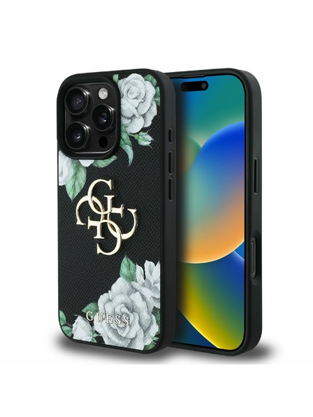 Guess Guess PU Grained Ruže 4G Metalni Logo Stražnji Poklopac za iPhone 16 Pro Crna