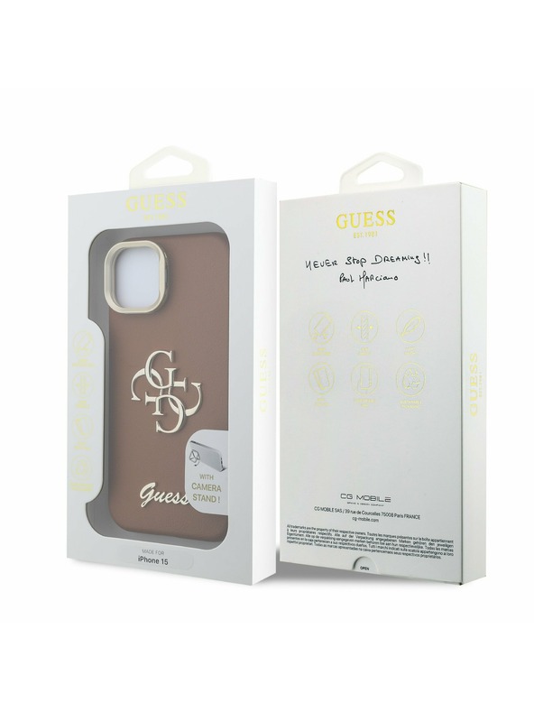 Guess Guess PU Grained 4G Logo Stand Stražnji Poklopac za iPhone 15 Smeđa