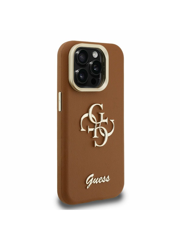 Guess Guess PU Grained 4G Logo Stand Camera Frame Stražnji Poklopac za iPhone 15 Pro Smeđi