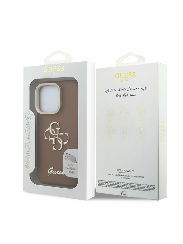 Guess Guess PU Grained 4G Logo Stand Camera Frame Stražnji Poklopac za iPhone 15 Pro Smeđi