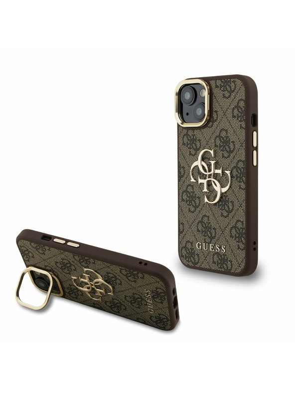 Guess Guess PU 4G Metal Logo Stand Camera Frame Stražnji Poklopac za iPhone 13 Smeđi