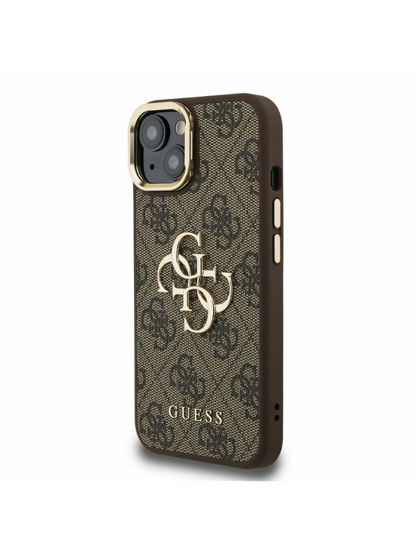 Guess Guess PU 4G Metal Logo Stand Camera Frame Stražnji Poklopac za iPhone 13 Smeđi
