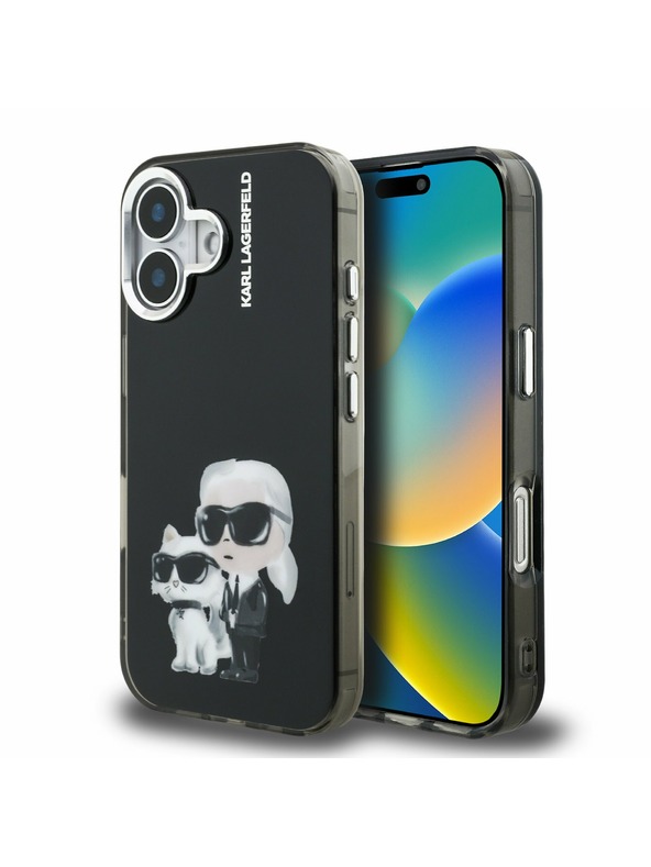 Karl Lagerfeld Karl Lagerfeld IML Aquarelle Karl and Choupette Stražnji poklopac za iPhone 16 Crna