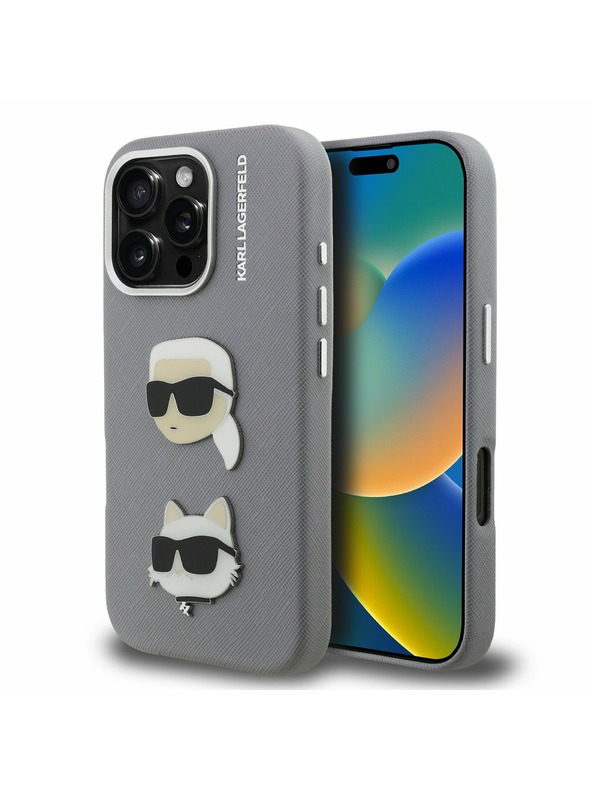 Karl Lagerfeld Karl Lagerfeld Grained PU K&CH Heads Stražnji poklopac za iPhone 16 Pro Max sivi