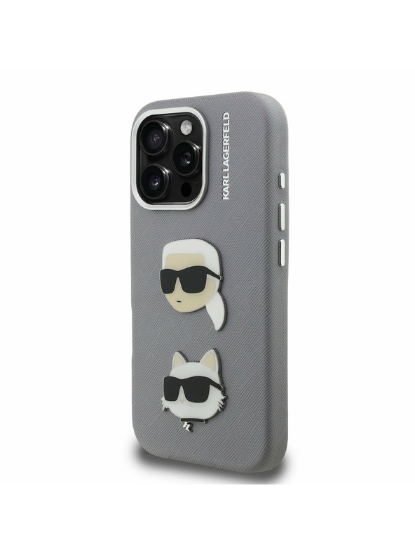 Karl Lagerfeld Karl Lagerfeld Grained PU K&CH Heads Stražnji poklopac za iPhone 16 Pro Max sivi