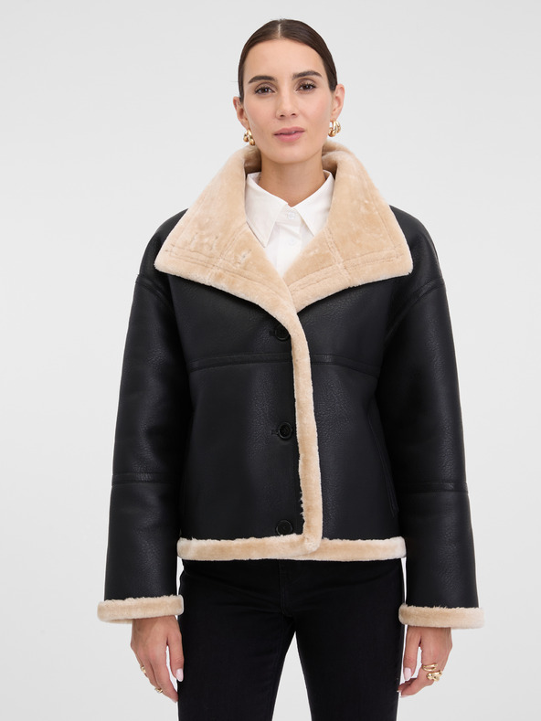 Orsay Crna ženska kožna jakna s krznom ORSAY