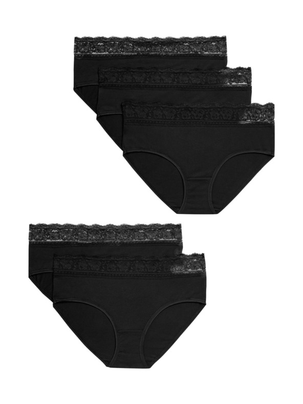 Marks & Spencer Čipkaste midi gaćice od pamuka s likrom, 5 kom u pakiranju Marks & Spencer crne
