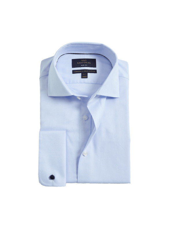 Marks & Spencer Marks & Spencer plava uska košulja od pamučnog kepera s duplim manšetama