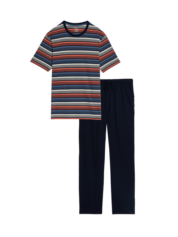 Marks & Spencer Marks & Spencer prugasta ombre pidžama od čistog pamuka tamnoplava