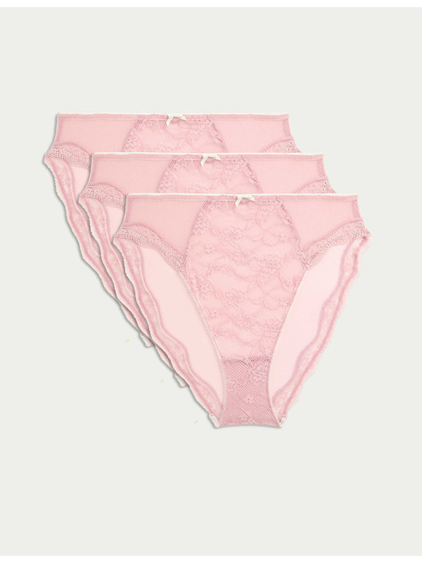 Marks & Spencer Visoko izrezane čipkaste gaćice s visokim strukom Jasmine, 3 kom Marks & Spencer roza