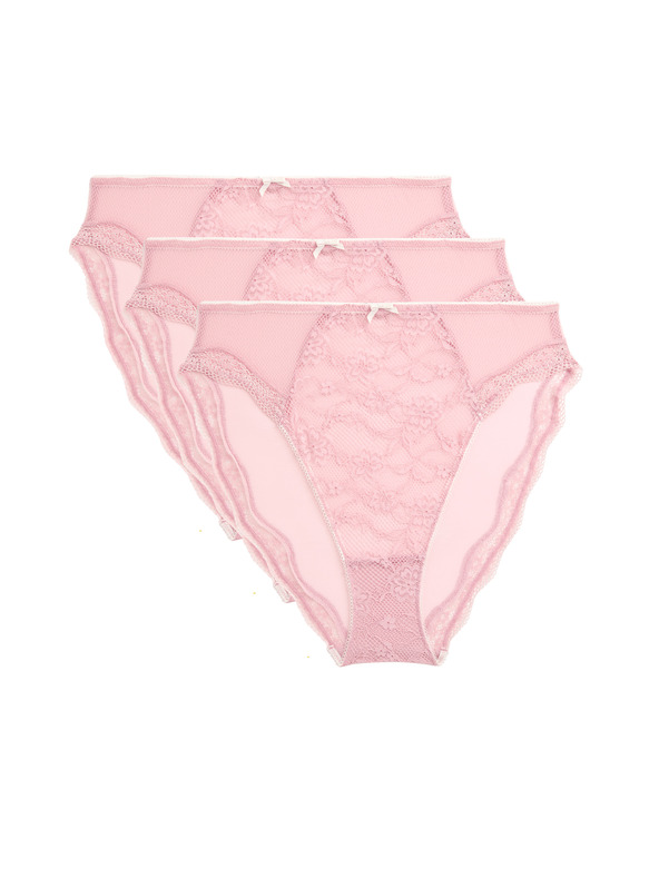 Marks & Spencer Visoko izrezane čipkaste gaćice s visokim strukom Jasmine, 3 kom Marks & Spencer roza