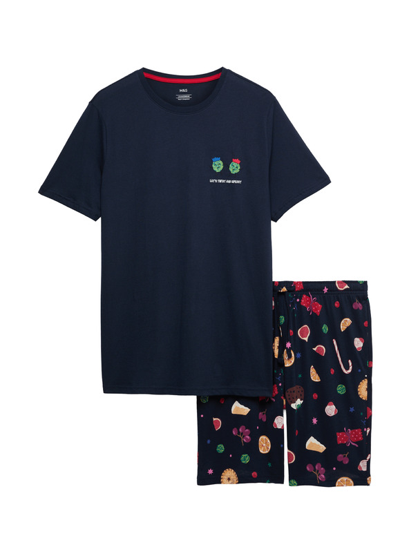Marks & Spencer Božićni kućni pidžama komplet s motivom hrane od čiste pamučne tkanine Marks & Spencer mornarsko plava